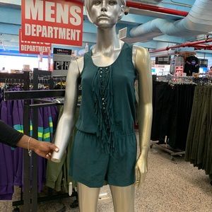 BCBGMaxAzria Pants - BCBG green fringe romper 100% silk BCBGMaxAzria Pants - BCBG green fringe romper 100% silk